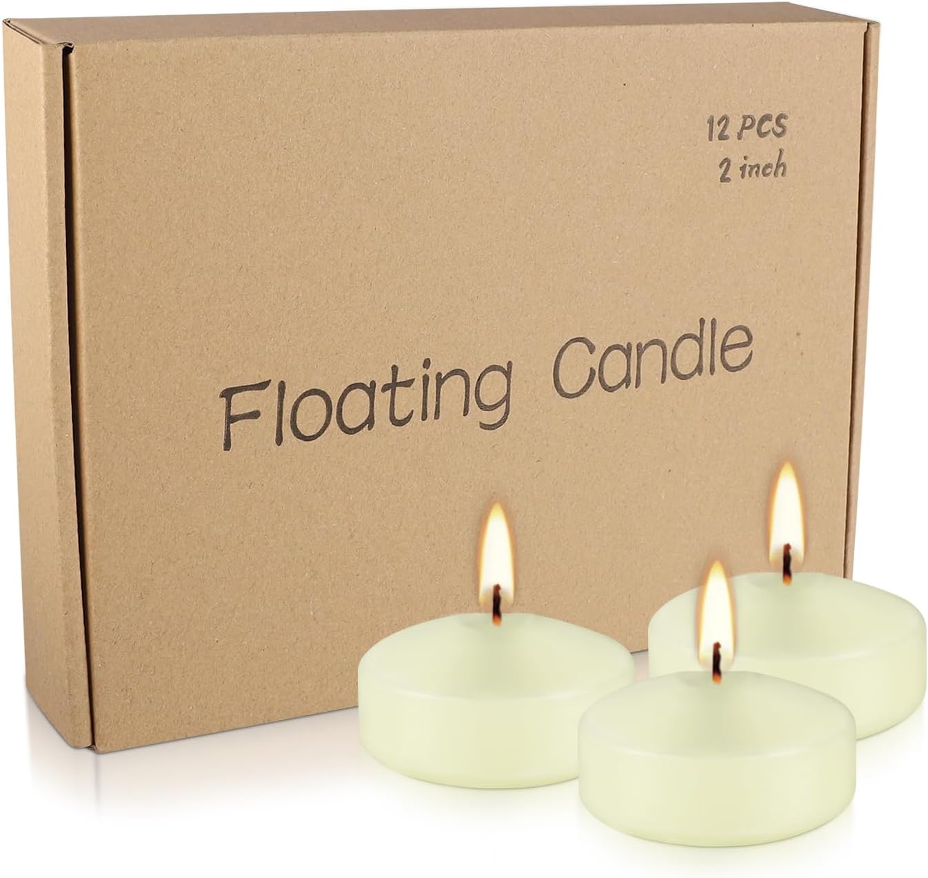 12 Pcs 2 - inch Floating Candles, Ivory, Smokeless and Unscented, Burns Continuously for 5-6 Hours, Be Good for Holidays, Weddings, Vacations, and Home Décor.