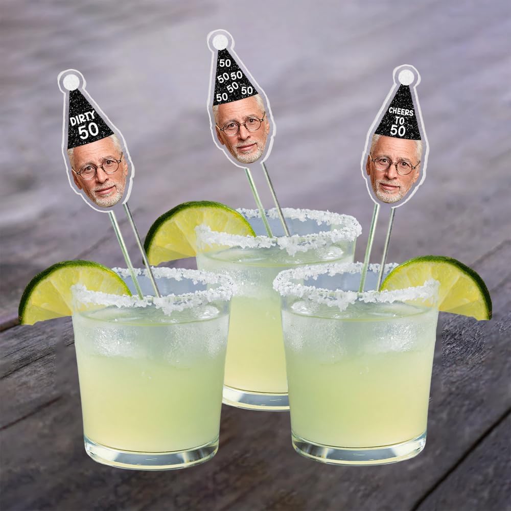Personalized 50 Pcs Drink Stirrers With Photo Face, Custom Birthday Stir Sticks, 30th - 50th Birthday Party Decorations, 70th 80th 90th Birthday Decor, Pet Birthday Hat Cocktail Sticks DS4