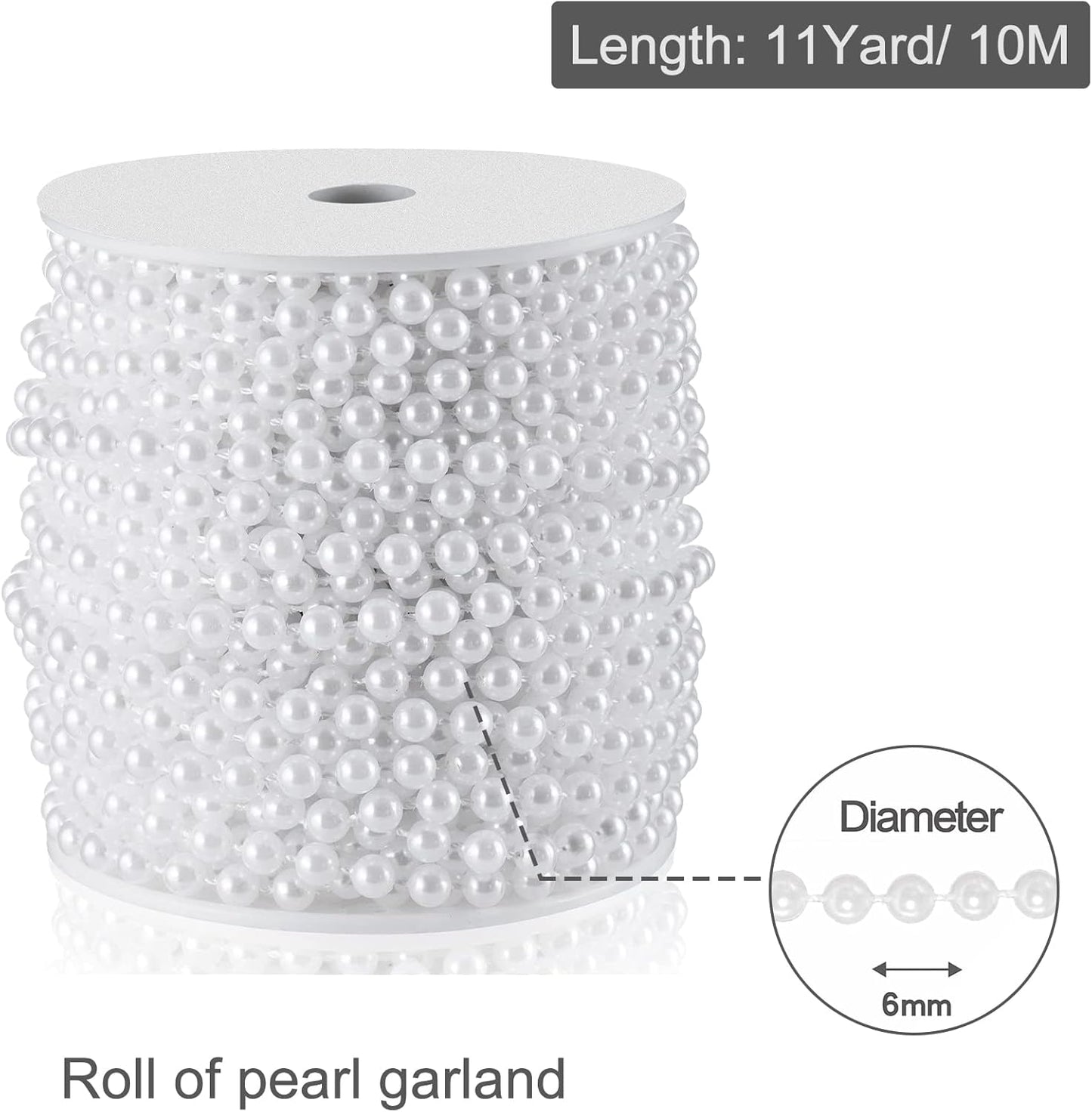 XINHUIDALSQ Craft String of Pearls 6 MM Faux Pearl Beaded, 66 Feet White Garland Bead String for Christmas Tree Decoration, Wedding Party Decoration (White, 6mm/20M)