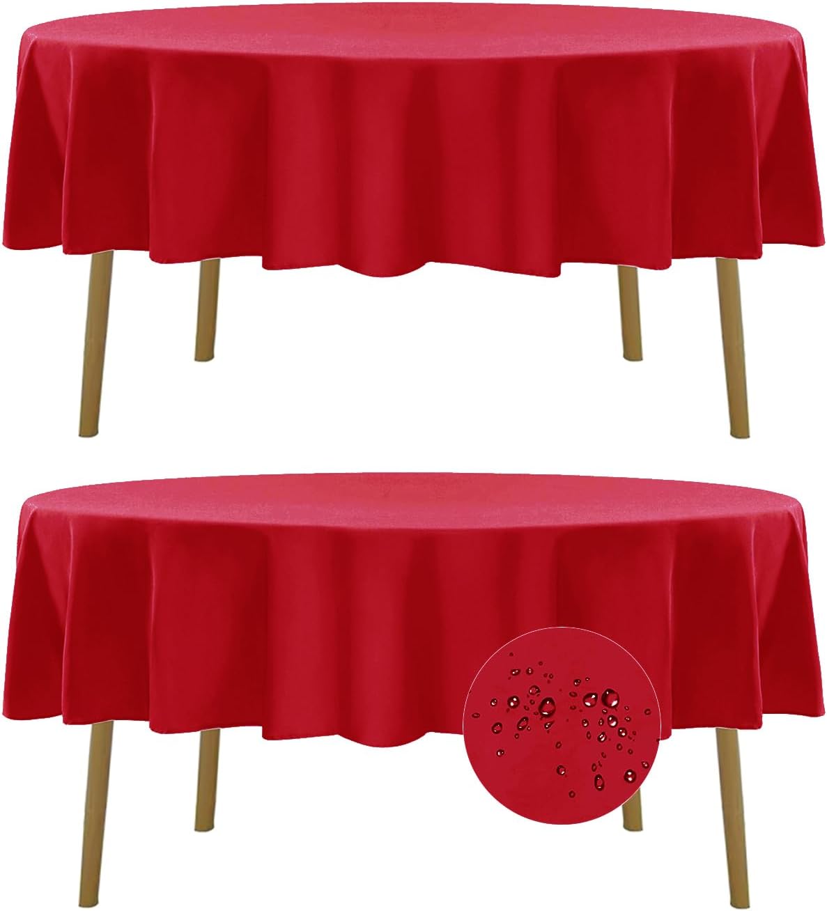 Fokitut 2 Pack Waterproof Round Tablecloth, 70 Inch, Stain Resistant and Wrinkle Polyester Table Cloth, Fabric Table Cover for Kitchen Dining, Wedding, Party, Holiday Dinner-Red