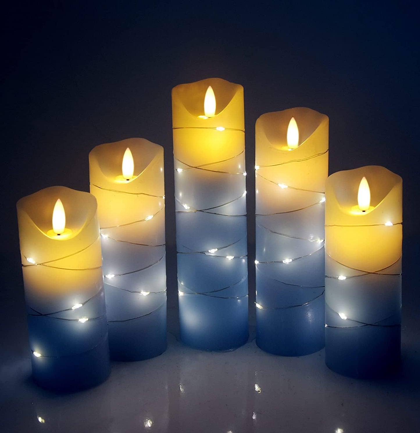 danip LED Flameless Candle with Embedded Star String, 5 Piece LED Candle with 10 Button Remote Control, 24 Hours Timer Function, Dancing Flame, Real Wax, Battery Powered. (Sky Blue)