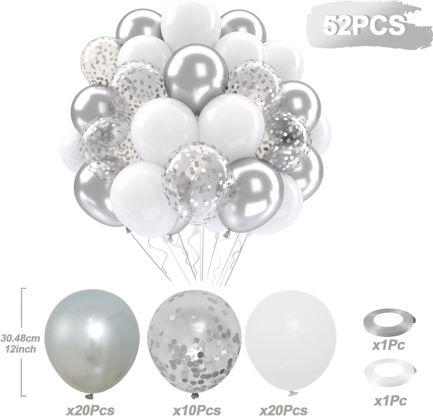 Patimate White and Silver Balloons Set, 50 pcs 12 inch Metallic Silver White Confetti Latex Balloons Kit for Birthday Wedding Anniversary Baby Shower Party Decorations