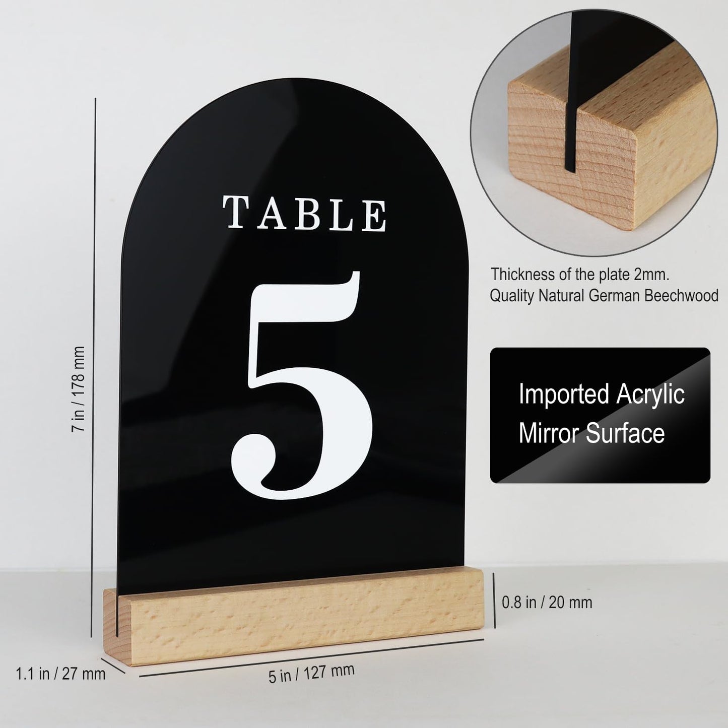 Wedding Table Numbers 1-30, Acrylic Arch Signs with Natural Wood Stands Holders, Rustic Table Decor for Reception & Parties (Black White)