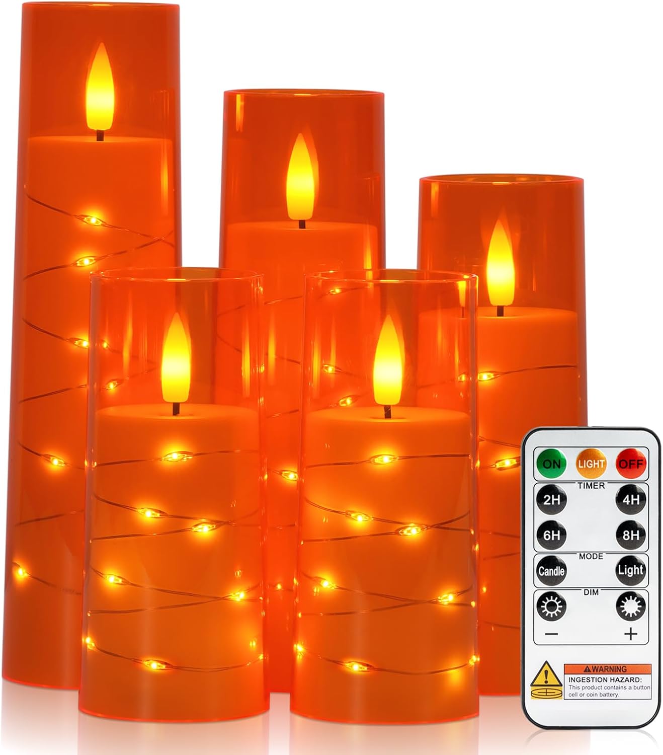 Raycare Flameless Candle with Remote Timer – 5 Flickering Acrylic Battery Operated LED Pillar Candles with Embedded Star String for Halloween, Home Decor, and as a Gift(Orange)