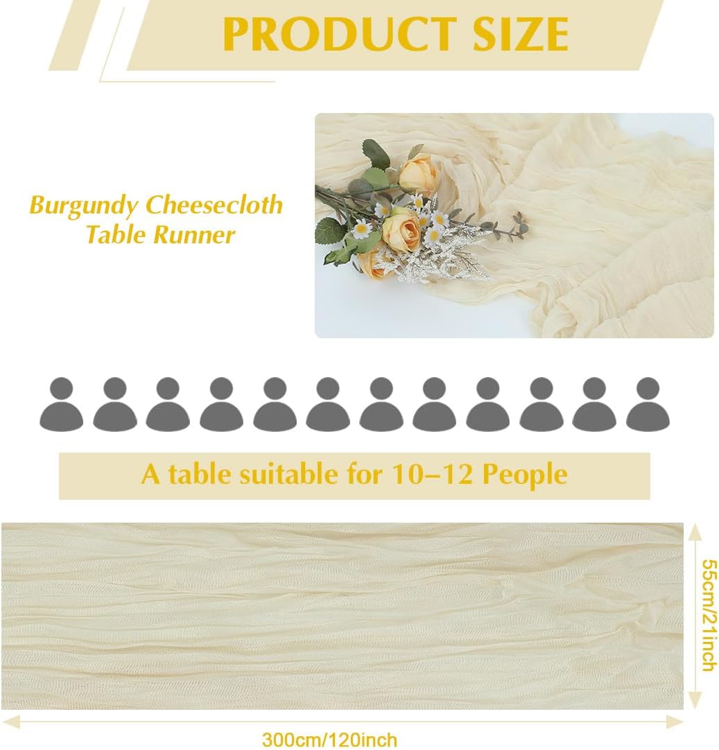 Beige Cheesecloth Table Runner -21*120Inch Long Boho Wedding Table Decor, Rustic Gauze Fabric Runner for Bridal Showers, Baby Showers & Parties (Sheer, Lightweight, Wrinkled Design)