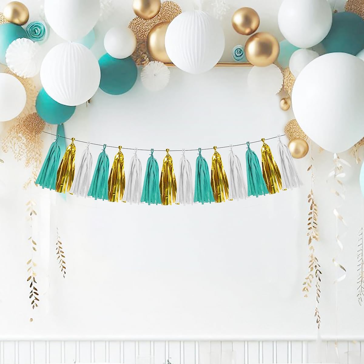 White Gold Teal Party Decorations – 15Pcs Tissue Paper Tassel Garland for Women BirthdayDecoration Wedding Baby Shower Bridal Shower Bachelorette Engagement HongTongTong