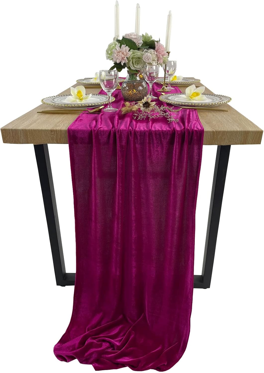 Luxurious Velvet Table Runner, 10ft Wedding Reception Decorations, 20x120inch Soft Velvet Fabric, Table Linen Overlay, Wedding Table Runners (Fuchsia, 20X120inch)