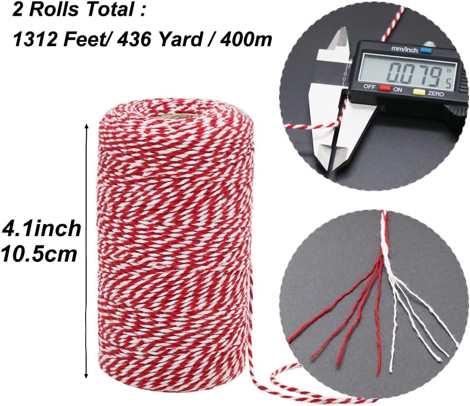 HRX Package Red and White Cotton Twine 656 Feet x 2 Roll, Durable Bakers Twine, Gift Wrapping String, Arts Craft