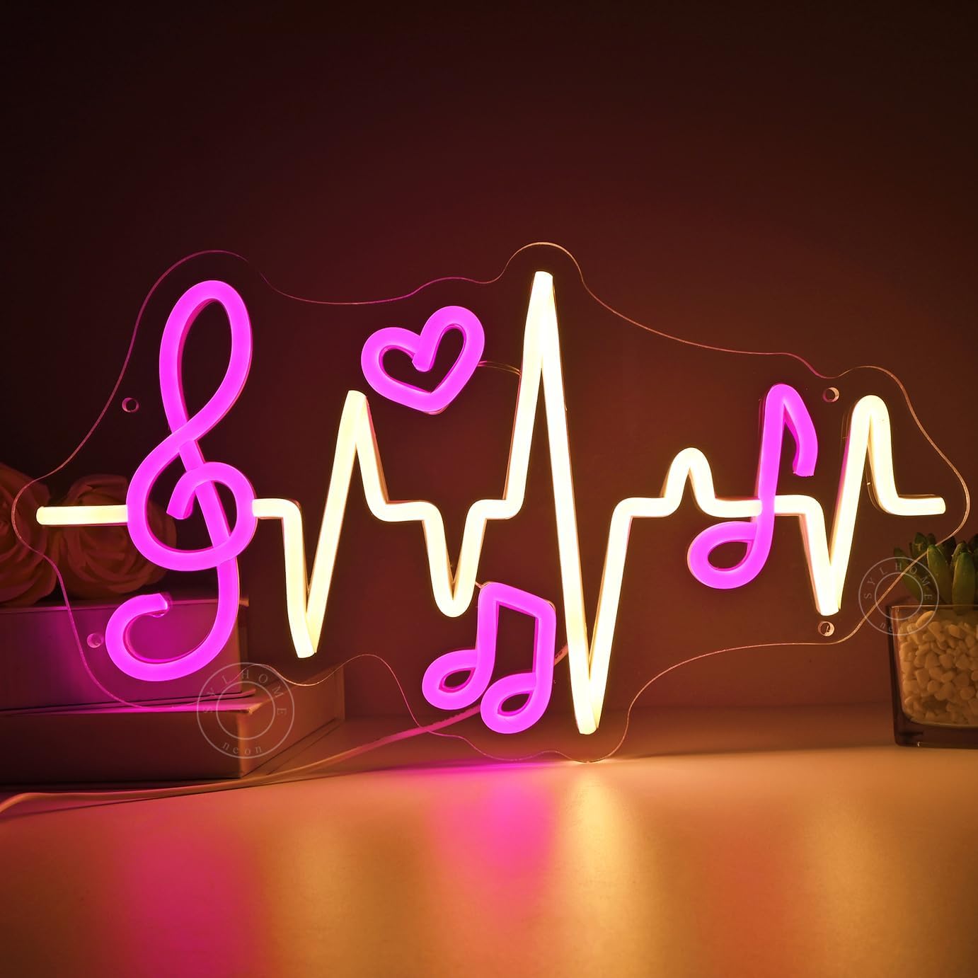 SYLHOME Led Neon Light Sign Music Note Wall Decor Sign Heartbeat Music Room Bedroom Studio Bar Theme Birthday Christmas Party 15.75" X 8.54" USB
