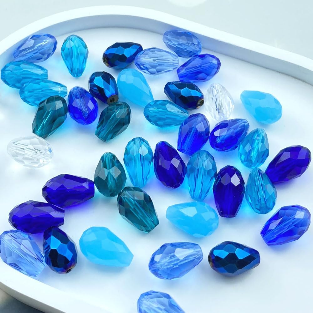 70pcs 8x12mm Teardrop Crystal Glass Beads Vertical Hole Faceted Loose Spacer Beads for DIY Craft Jewelry Making Necklace Bracelet Earring Wind Chimes(Blue Series)