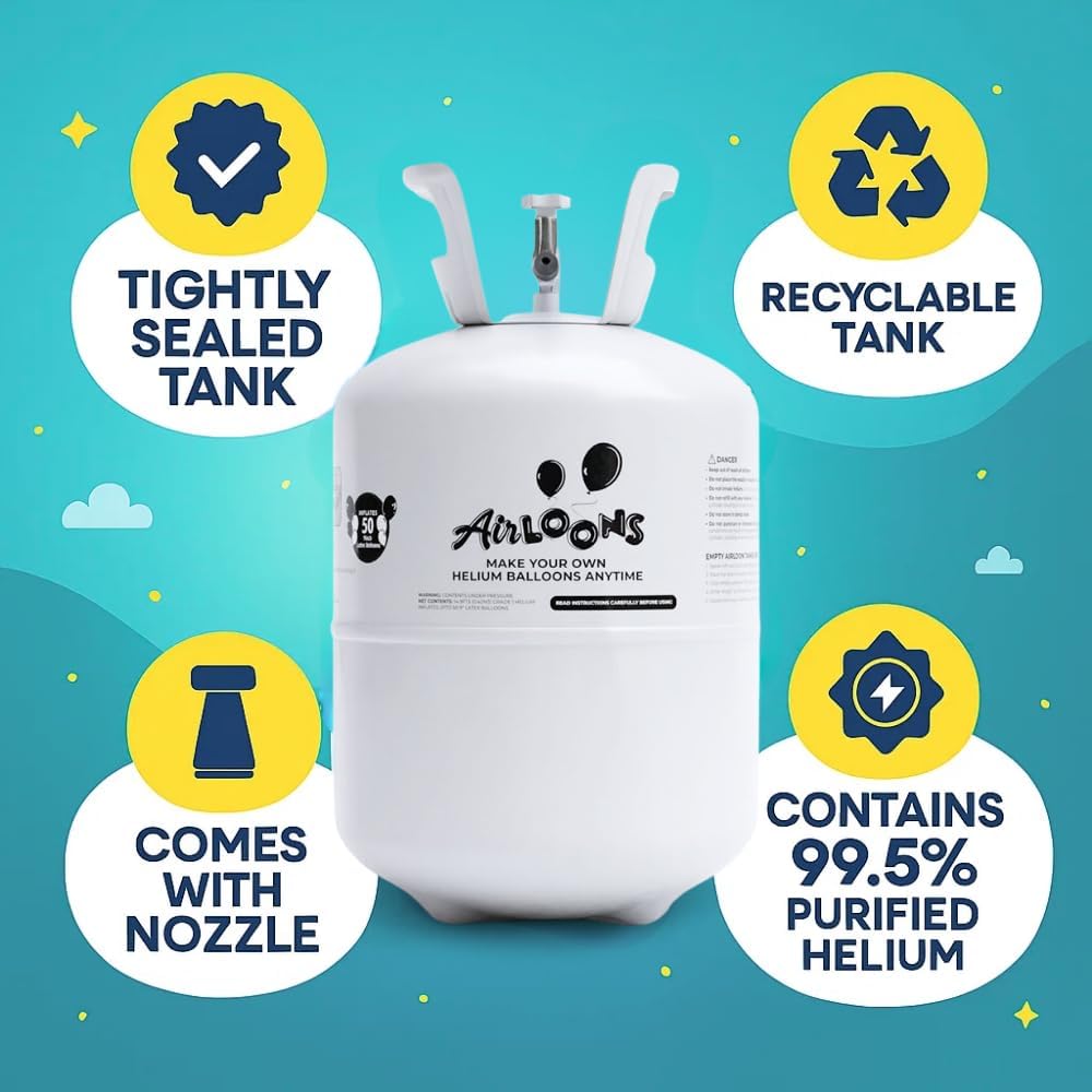 Airloons Helium Balloon Kit with 4 Pack 14.9 Cu Ft Tank - Includes 200 Multicolor 9 in Latex Balloons, Ribbon & Easy to Fill Nozzle - Easy Setup for Birthdays, Weddings, Baby Showers, DIY Party Décor