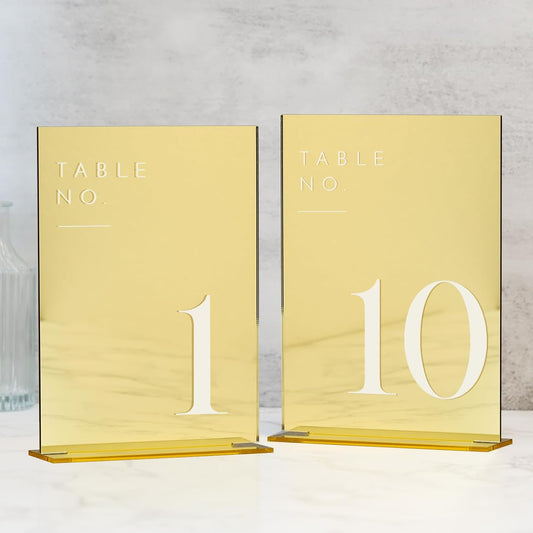 JINMURY Gold Wedding Table Numbers 1-10 with Stands, 5"x7" Gold Mirror Acrylic Table Numbers, Perfect for Wedding Reception, Party, Anniversary, Event