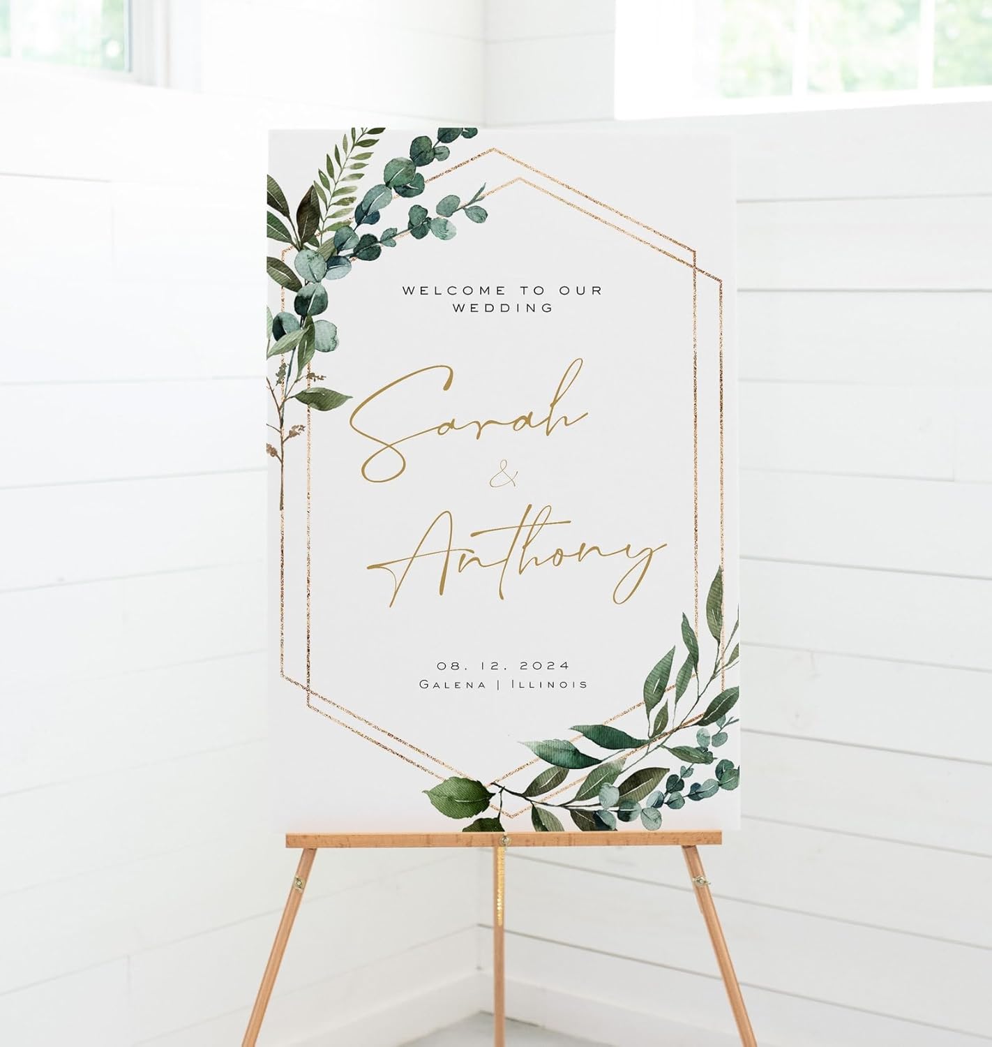 Welcome Wedding Signs, Greenery Geometric Wedding Sign Decorations Signage 12" X 18" (Small), 27" (Medium), 36" (Large), Plastic, Modern, Pole Mount, Weather