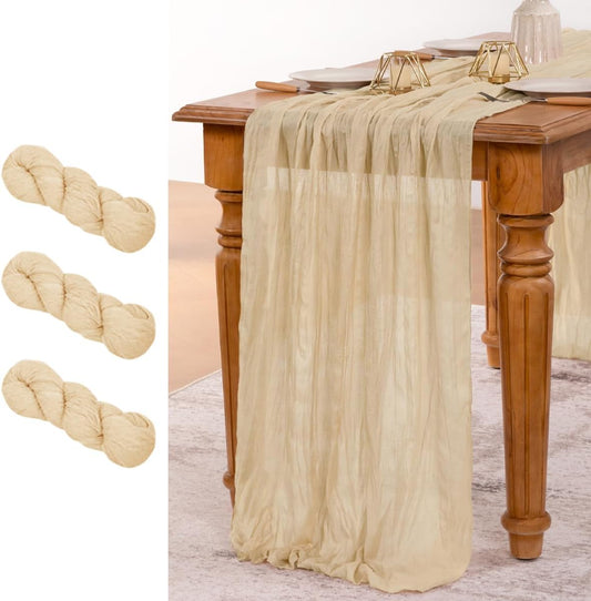 MLMW 3 Pack Champagne Gold Table Runner Cheesecloth Boho Gauze Rustic Cheese Cloth 160 inch Sheer Wedding Table Runner 13.3ft for Thanksgiving Party Baby Bridal Shower Birthday