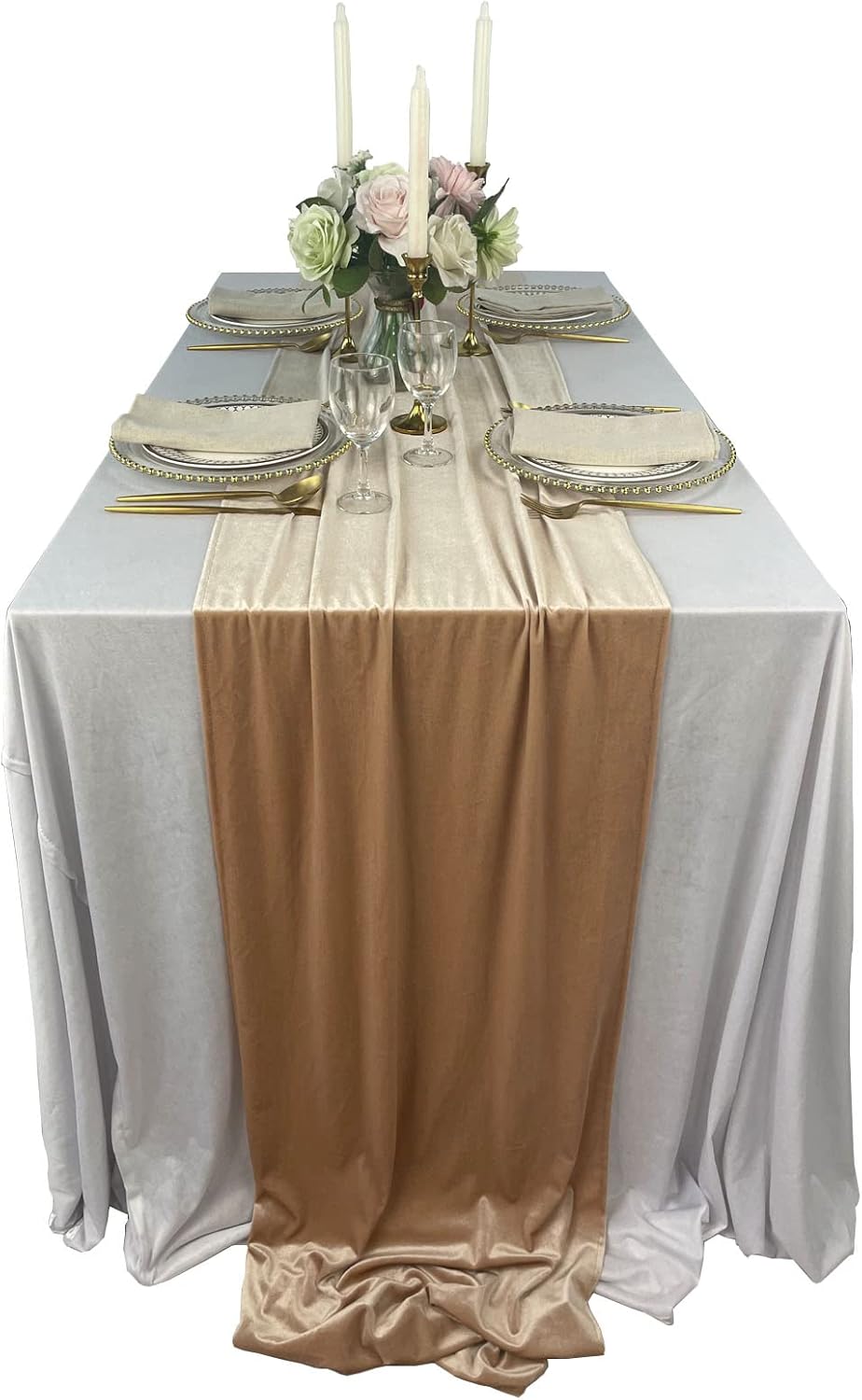 Luxurious Velvet Table Runner, 10ft Wedding Reception Decorations, 20x120inch Soft Velvet Fabric, Table Linen Overlay, Wedding Table Runners (Champagne, 20X120inch)
