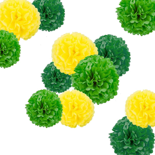 Dark Green and Light Green and Yellow Paper Pom Poms - Party Tissue Paper Flowers Balls - Party Hanging Decoration Supplies - Size of 10inch, 12inch, Pack of 12
