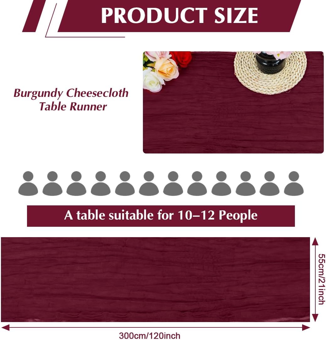 10 Pack Wine red Cheesecloth Table Runner -21*120Inch Long Boho Wedding Table Decor, Rustic Gauze Fabric Runner for Bridal Showers, Baby Showers & Parties (Sheer, Lightweight, Wrinkled Design)