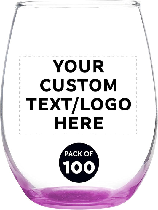 Custom Stemless Wine Glass 9 oz. Set of 100, Personalized Bulk Pack - Great for Wedding Favors, Bachelorette Party Decorations, Party Favors, Color Bottom - Pink