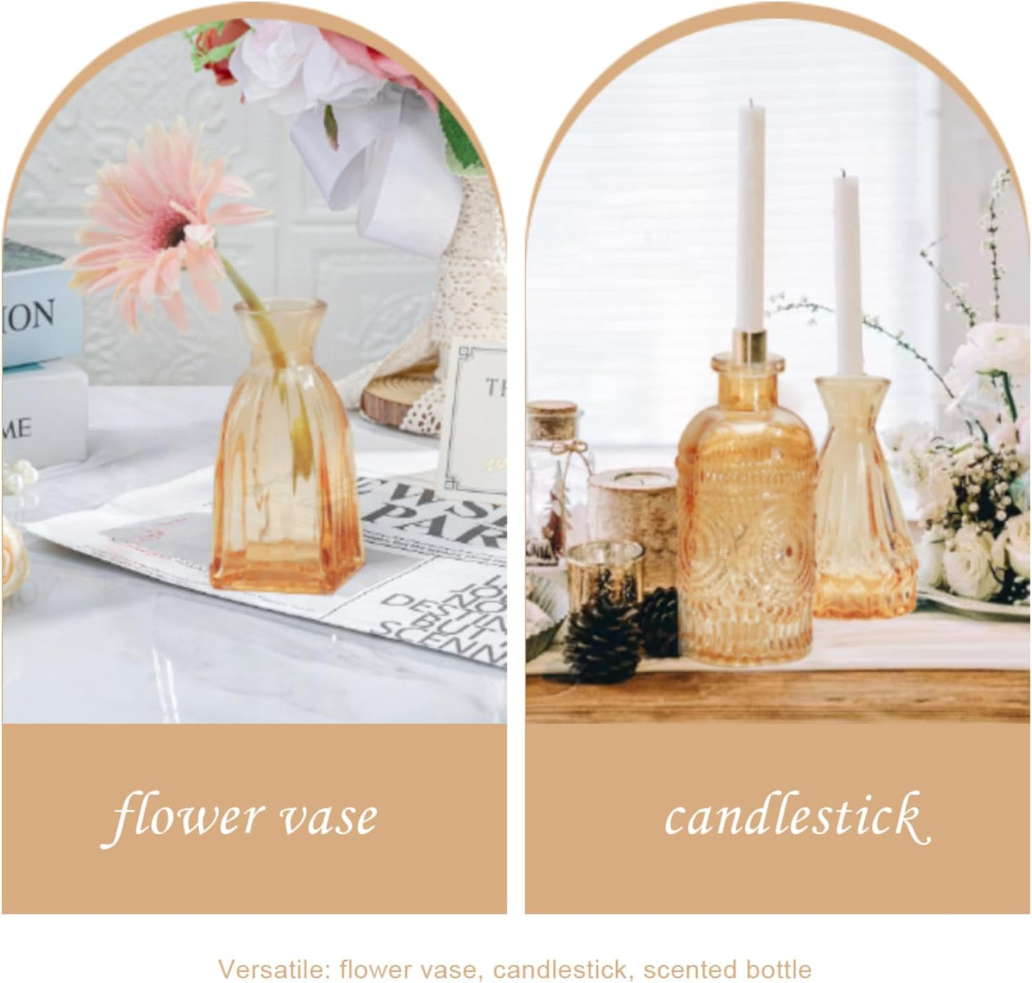 Bud Vases Set of 12,Glass Bud Vases in Bulk,Small Flower Vases for Centerpieces,Mini Vintage Vase for Wedding, Home Table Decor,Christmas,Party Decoration,Gold Amber