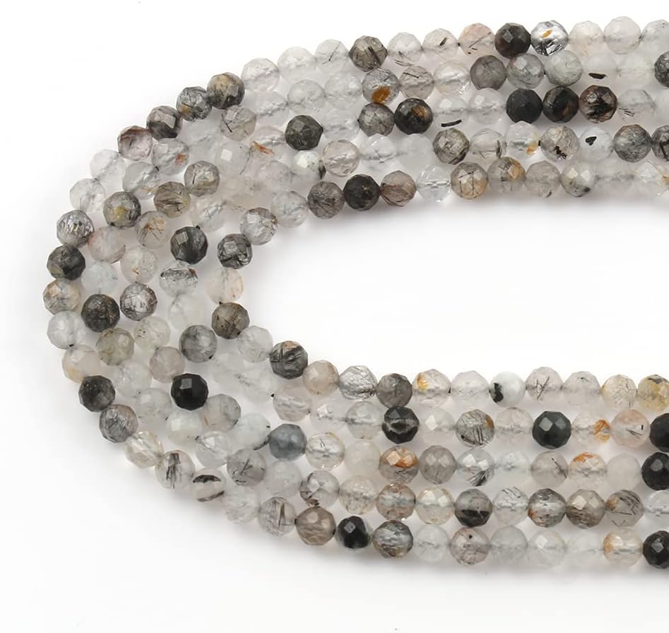 Song Xi 90pcs 4mm Natural Black Rutilated Quartz Gemstone Beads Faceted Round Loose Stone Beads for Jewelry Making