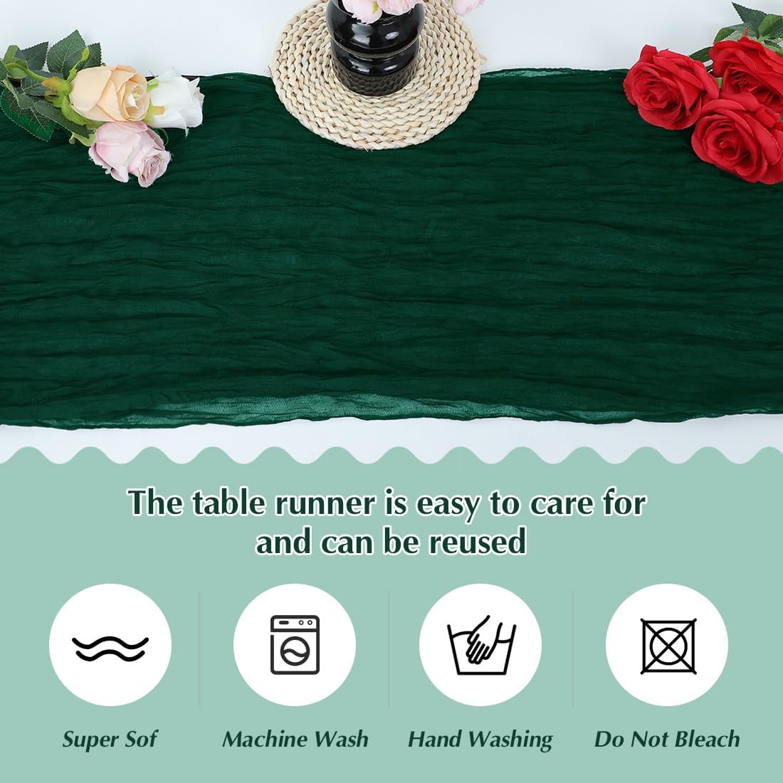 10 Pack Blackish Green Cheesecloth Table Runner -21*120Inch Long Boho Wedding Table Decor, Rustic Gauze Fabric Runner for Bridal Showers, Baby Showers & Parties (Sheer, Lightweight, Wrinkled Design)