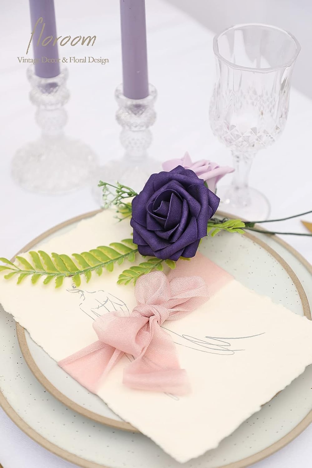 Floroom Artificial Flowers 25pcs Real Looking Lilac & Purple Foam Fake Roses with Stems for DIY Wedding Bouquets Bridal Shower Centerpieces Floral Arrangements Party Tables Home Decorations