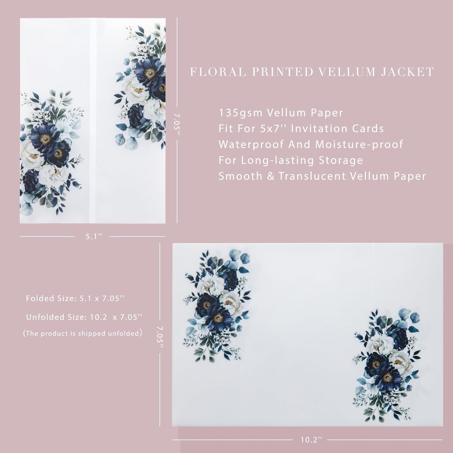 PONATIA 50PCS Vellum Jackets for 5x7 Invitation Cards- 135GSM Navy Blue Flowers Printed Wedding Invitations Wraps - Transparent Christmas Gift Cards