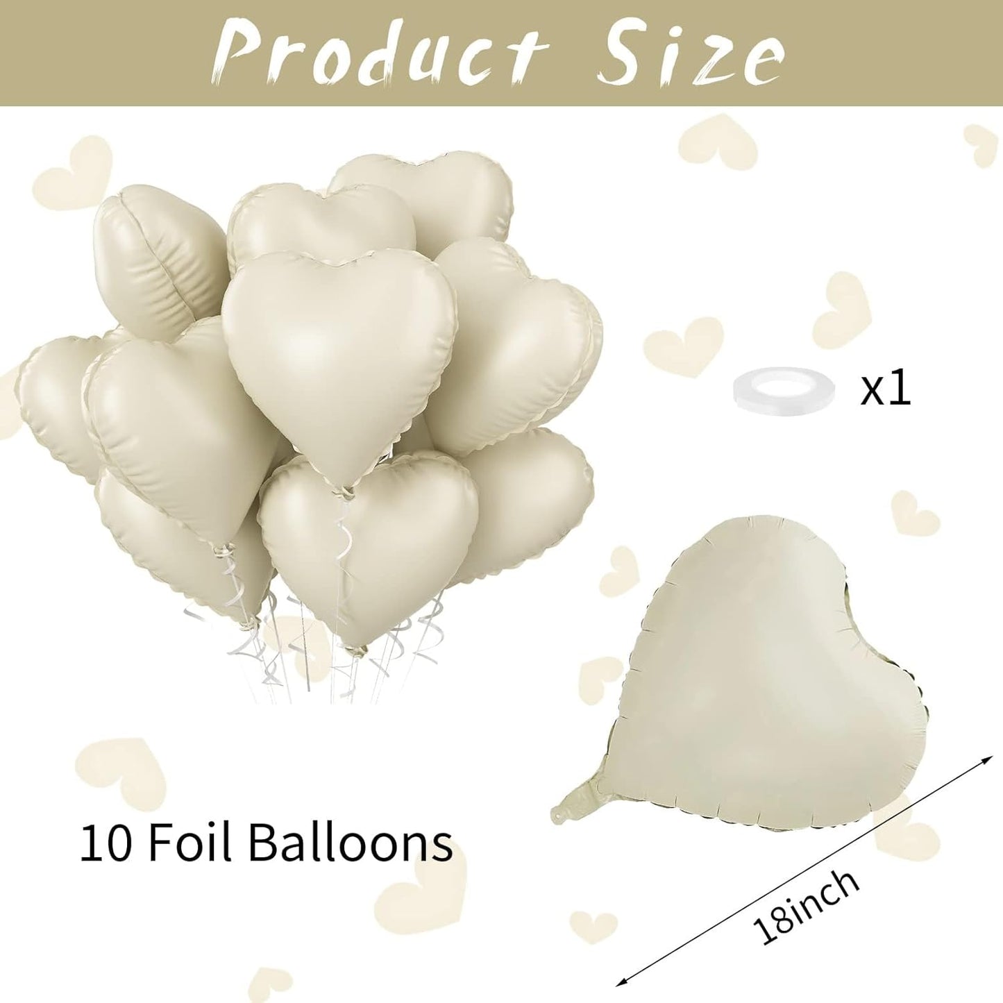 Cream Heart Balloons, 10PCS Cream White Foil Heart Shape Balloons, 18inch Beige Foil Valentine Balloons for Helium Nude Neutral Love Balloon for Valentines Day, White Wedding, Brithday Decorations