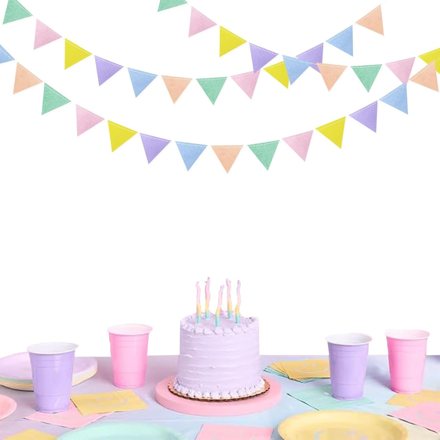 pinkblume Pastel Party Decoration Macaron Felt Hanging Triangle Mini Bunting Pennant Banner Flag for Pastel Colorful Birthday Wedding Baby Shower Engagement Spring Easter Party Classroom Nursery Decor