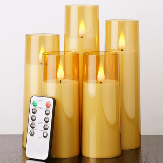Amagic Flickering Flameless Candles, Battery Operated Candles, Amber Gold Acrylic LED Pillar Candles with Remote and Timer, 3D Wick, Yellow and Blue Glow, D2.2 xH5 5" 6" 7" 8", Set of 5
