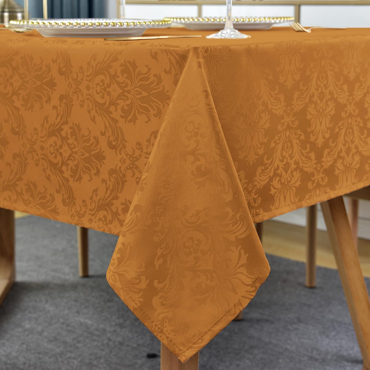 SASTYBALE Fall Tablecloth Square 52 x 52 Inch Spill Proof Washable Autumn Jacquard Damask Card Table Cloth, Polyester Fabric Table Cover for Thanksgiving, Harvest, Holiday, Brown/Amber
