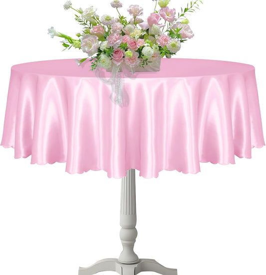 KKJIAF 1 Pack 60 Inch / 5ft Round Table Cloth, Light Pink Overlay Round Satin Table Cover, Silky Satin Dining Tablecloths for Wedding Buffet Parties Banquet Decoration