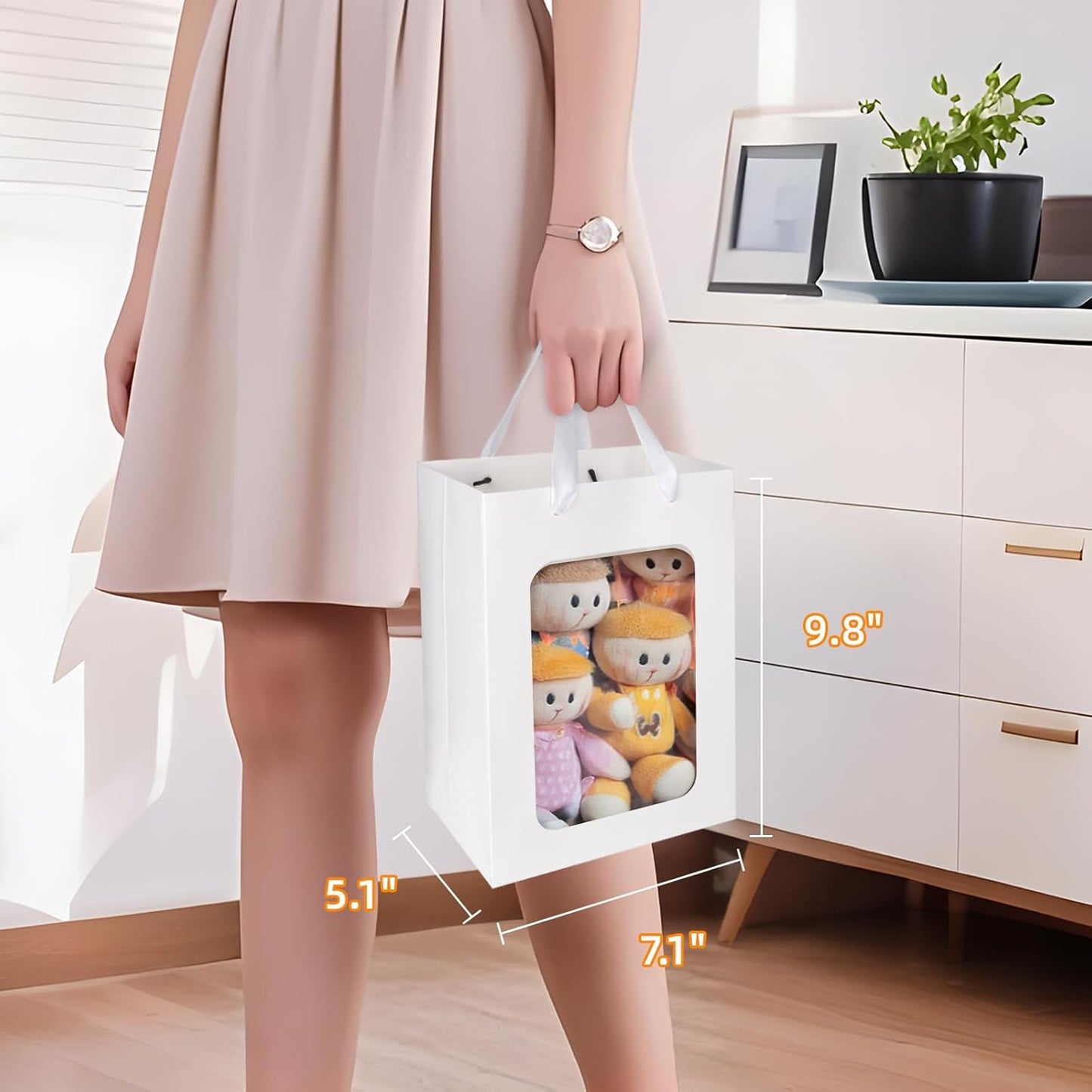 MOXARYSU 3 Pcs White Gift Bags with Clear Window: 9.8x5.1x7.1 Inch Medium Kraft Paper Bags with Handle For Party Business Birthday Wedding (White,3p)