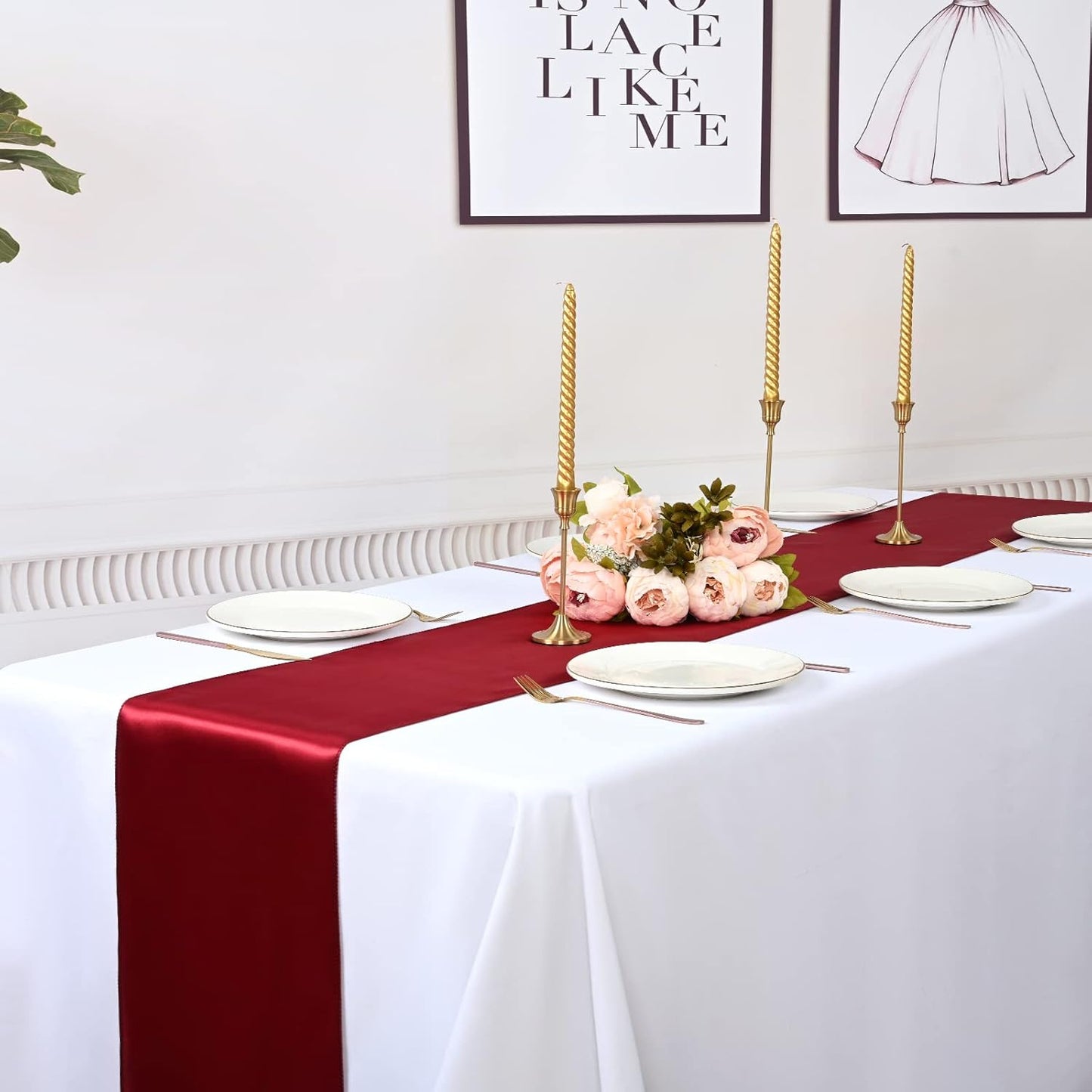 12 Pack Burgundy Satin Table Runner,12 x 108 inch Long Premium Smooth Table Runner for Wedding, Banquets, Birthday, Party, Graduation, Engagements,Table Runners fit Rectangle and Round Table