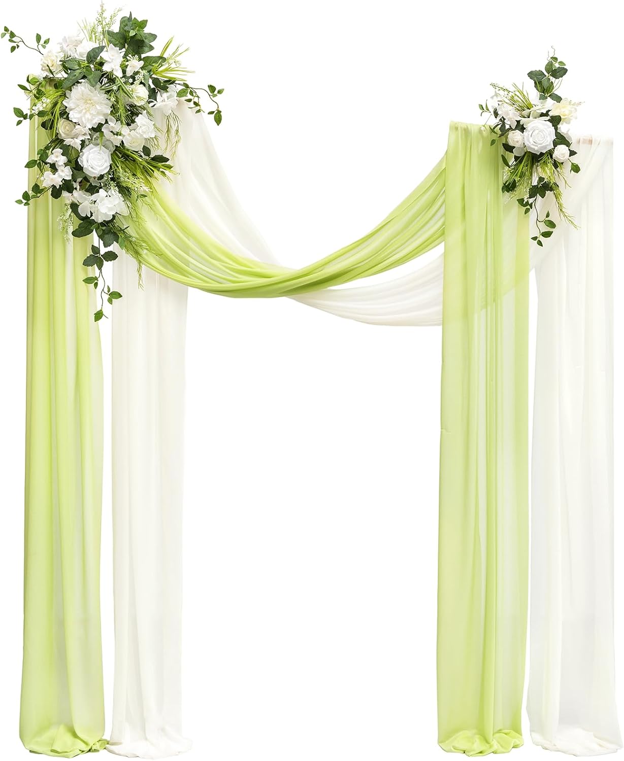 Ling's moment Wedding Arch Flowers Kit Pack of 4, 2pcs Hanging Artificial Flower Arrangements 2pcs Chiffon Drapes, Spring Ceremony Reception Fake Rose Arbor Backdrop Floral Outdoor Decor, White Green
