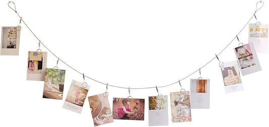 Multi-Purpose Steel Wall Hanging Photo Display Cable Wire Rod with 12 Adjustable Clips for Hanging Photos Notes Postcard and Artworks (Round)