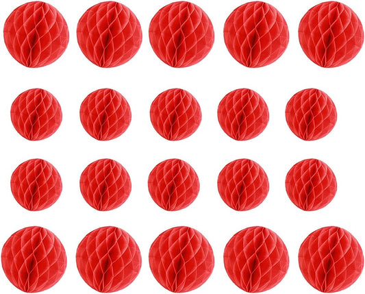 20pcs Honeycomb Flower Balls Party Honeycomb Balls Decoration Paper Flower Balls Tissue Paper Flower Ball Pom Poms Ball for Birthday Wedding Home Decor (3inch+6inch, Red)