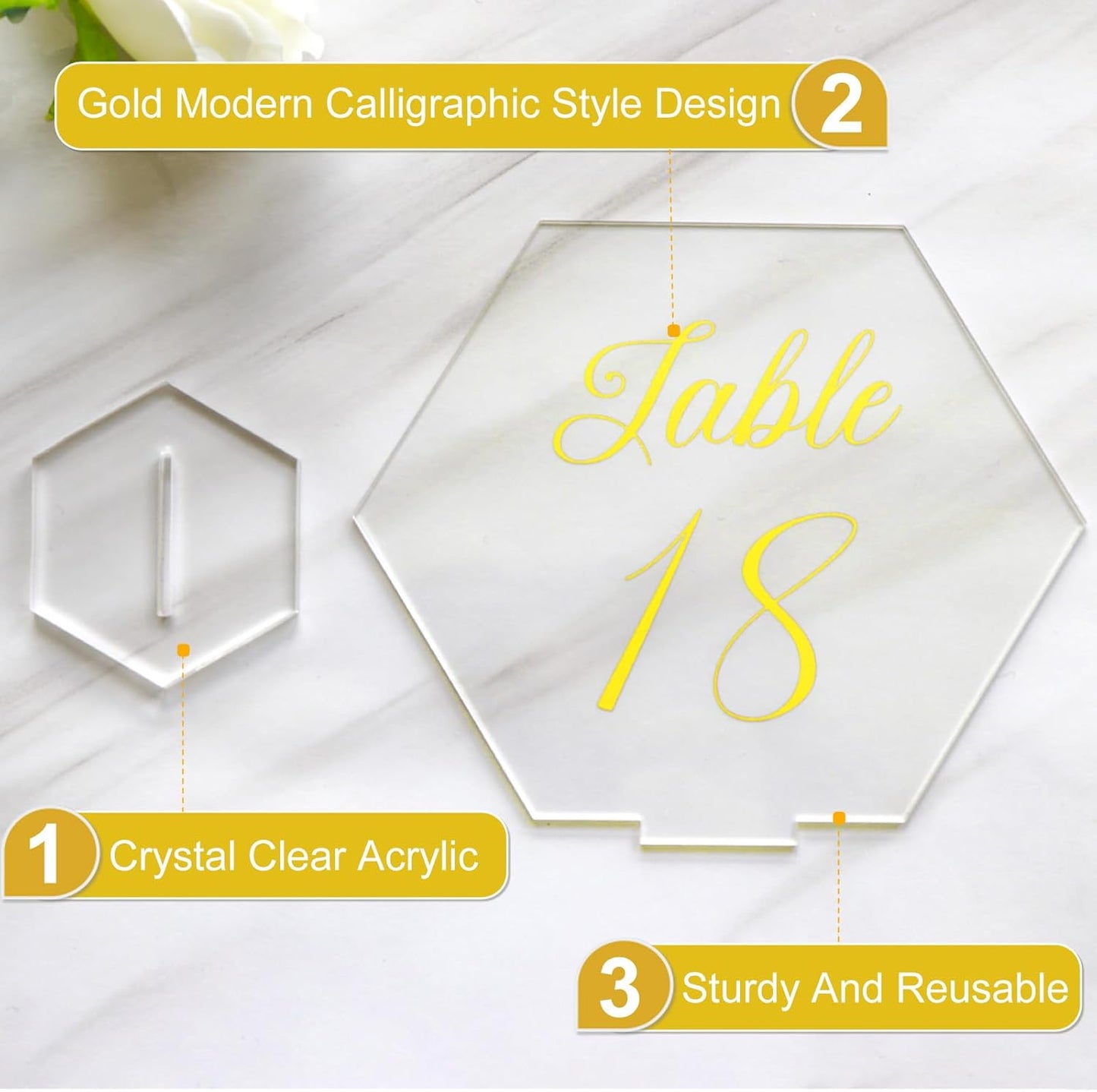 OurWarm Large Acrylic Wedding Table Numbers 1-20, Elegant Printed Calligraphy Place Cards with Stand, Hexagon Multi-functional Clear Acrylic Sign and Holder, Ideal for Wedding Reception Events