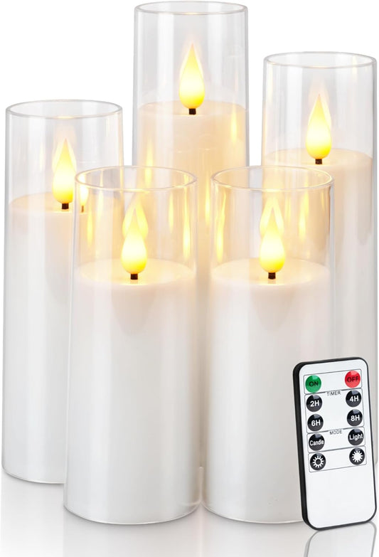 Amagic Pure White Acrylic Flameless Candles, Battery Operated Candles, Flickering LED Pillar Candles with Remote Control and Timer, Warm Yellow Light, D2.2 xH5 5" 6" 7" 8", Set of 5