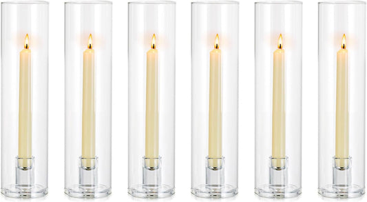 NUPTIO Candle Stick Candle Holder: Clear Glass Hurricane Candlestick Holders - Set of 6 Modern Taper Candle Stand with 11.8 inch Long Chimney Cover for Thanksgiving Christmas Fireplace Table Decor