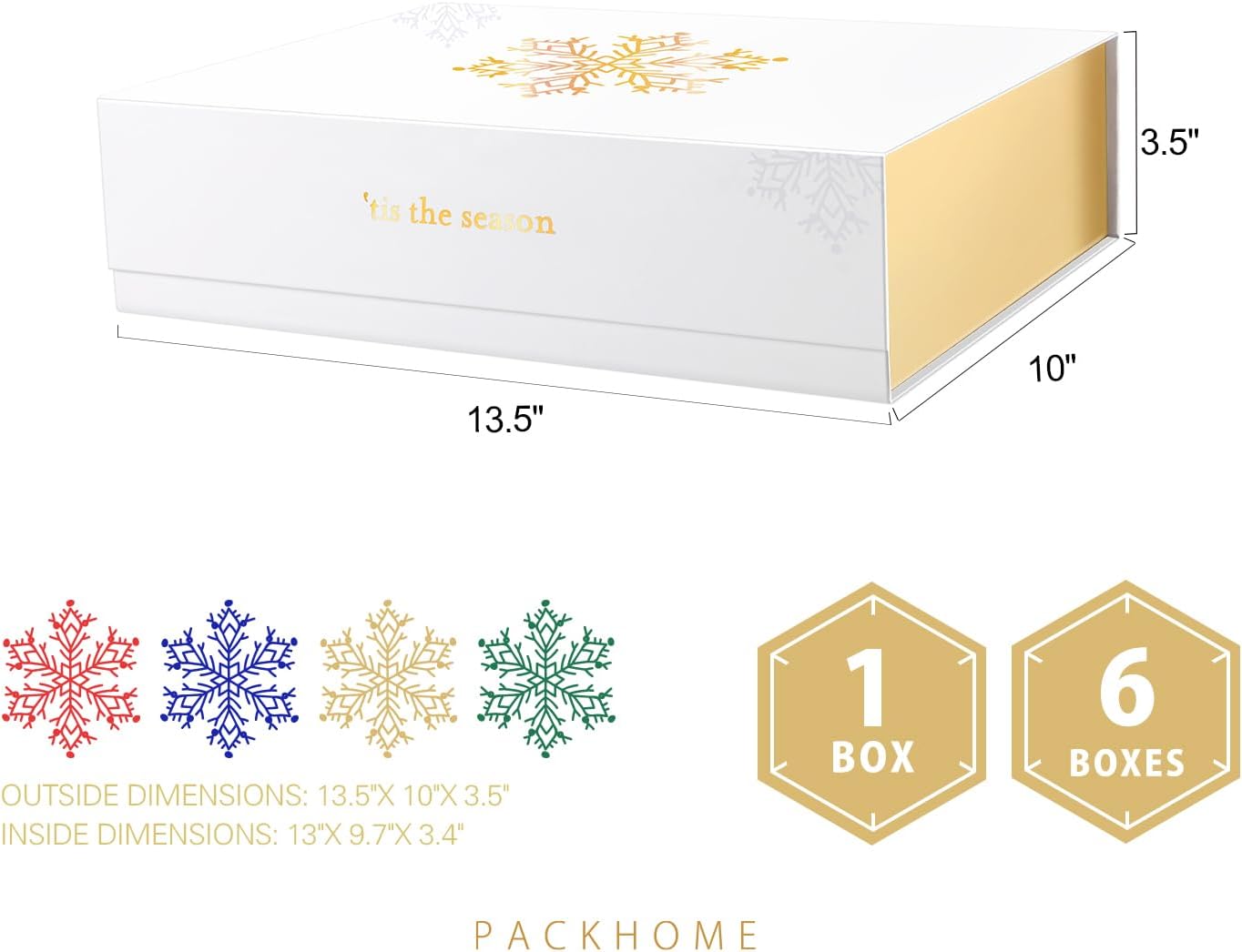 PACKHOME 6 Christmas Gift Boxes 13x9.7x3.4 Inches, Large Gift Boxes with Lids, Sturdy Shirt Boxes with Magnetic Lids for Wrapping Gifts (Gold Snowflake Pattern)