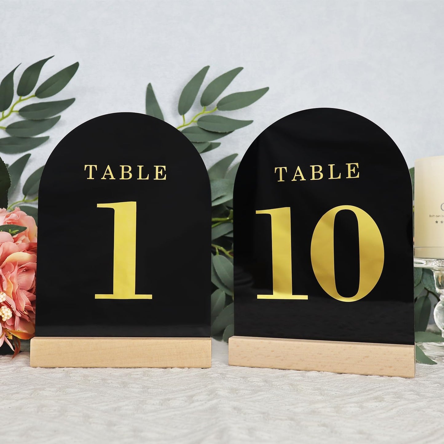 Wedding Table Numbers 1-10, Acrylic Arch Signs with Natural Wood Stands Holders, Rustic Table Decor for Reception & Parties (Black Gold)