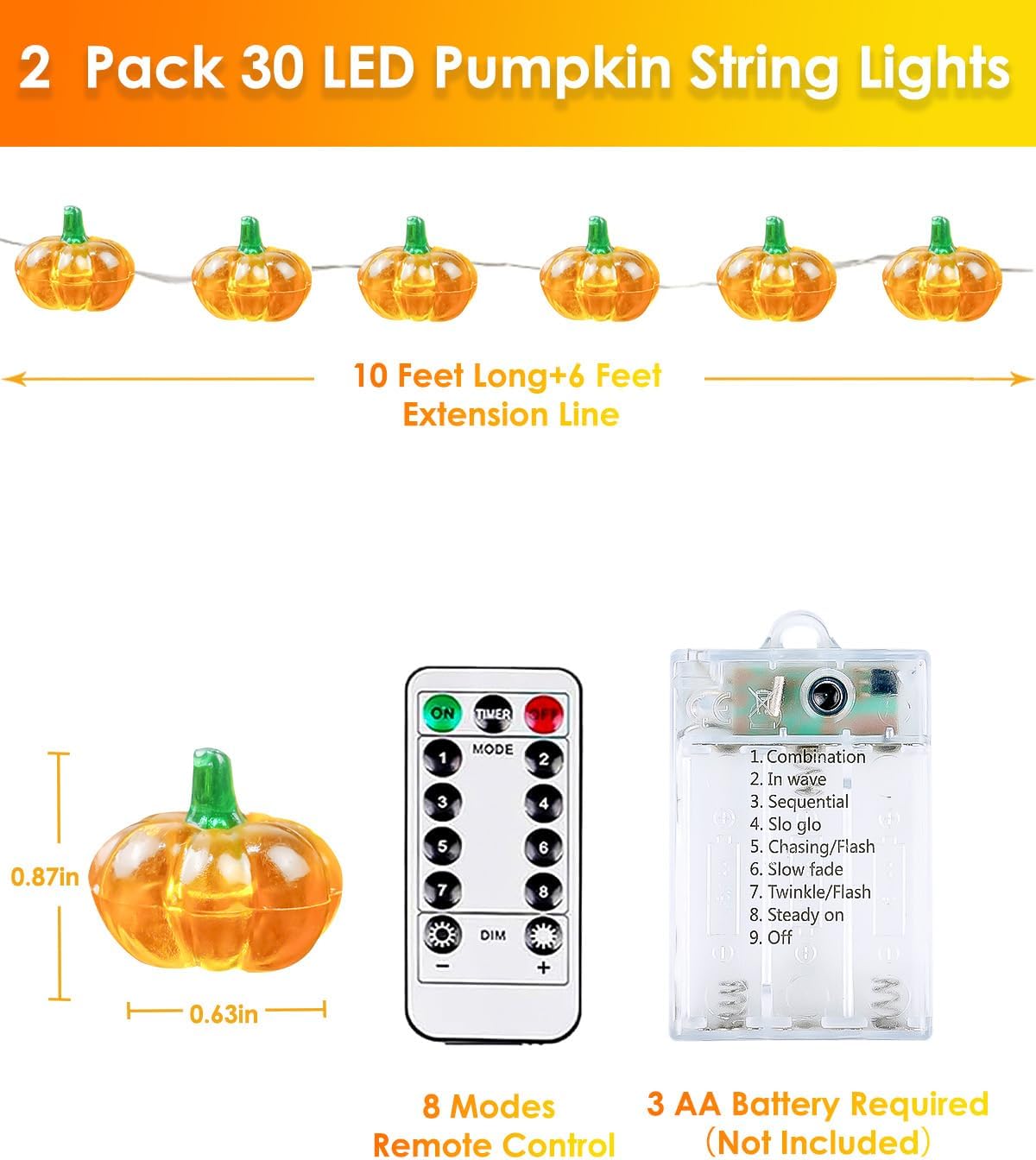 BOSSERN 2 Pack 60LED Thanksgiving Decoration 3D Pumpkin String Lights Battery Operated, 20FT Fall Lights with Remote, Waterproof 8 Modes Fairy Lights for Autumn Harvest Thanksgiving Halloween Decor