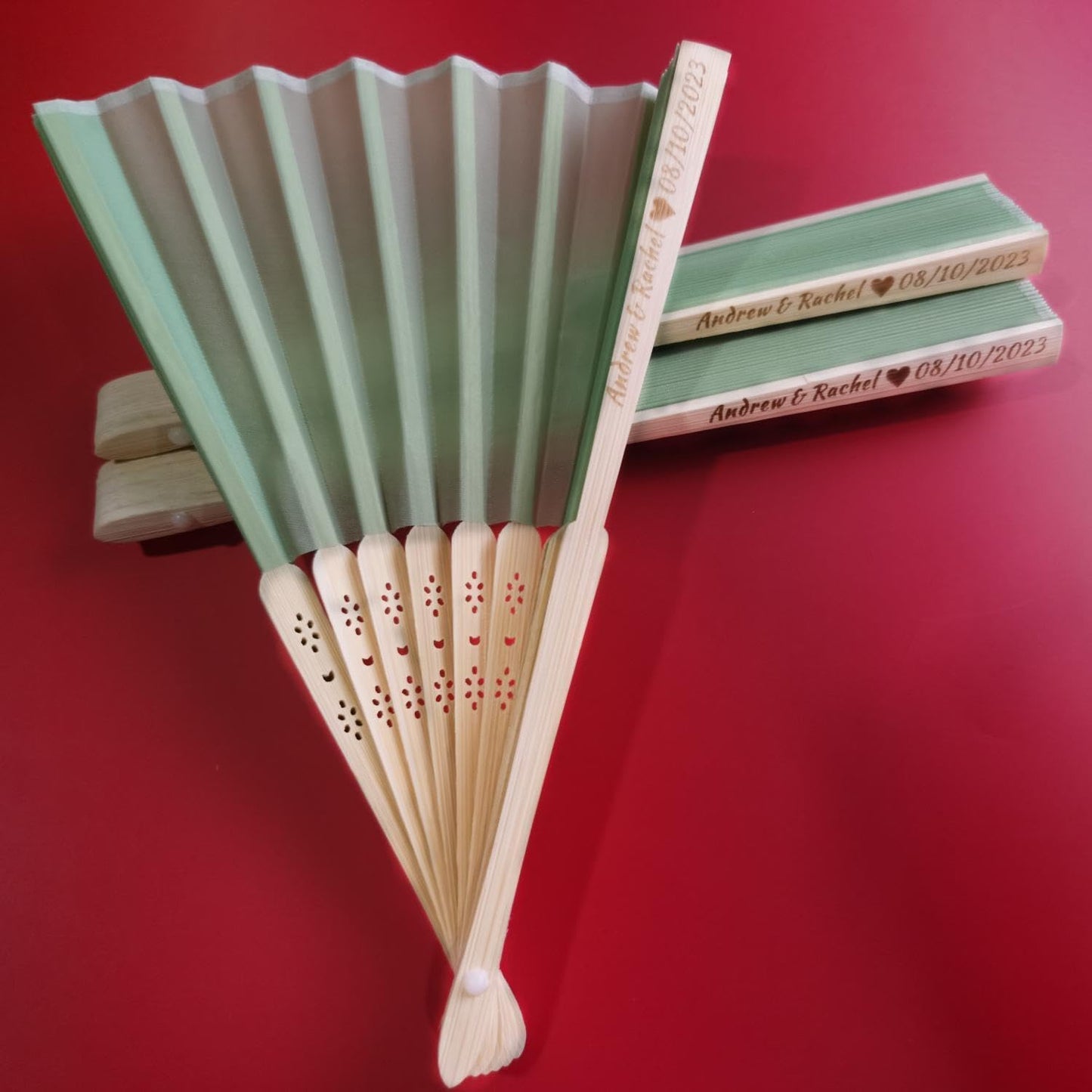 Personalized Wedding Fans Handheld Folding Fans(100Pcs) - Custom Engraved Green Silk Fans for Bridal Shower Favor/Baby Shower Favor, Birthdays Party Gifts/Gifts for Party Guests