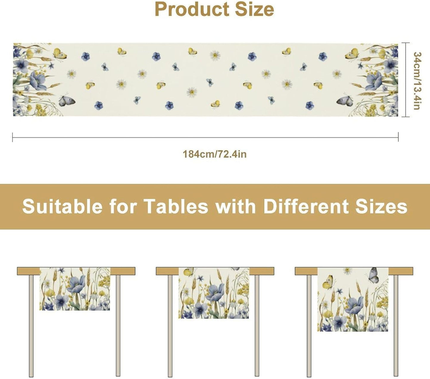 Floral Table Runner, Spring Watercolor Flower Plants Nature Butterfly Table Runner for Kitchen Dinner Living Room Home Party, 13x90 Inch