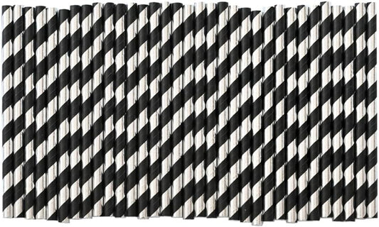 Cocktail Paper Straws - Black Silver Striped Biodegradable Disposable Drinking Straws for Brithday, Wedding, Holiday, Cake Pop Sticks - 5.75 inch