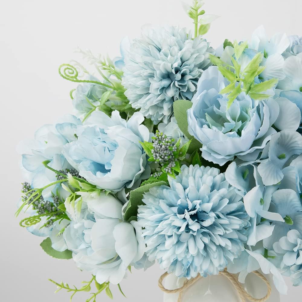 LESING Artificial Peony with Vase Silk Flowers Bouquets Fake Hydrangea Bulks for Home Table Centerpieces Wedding Decoration(Blue-1)