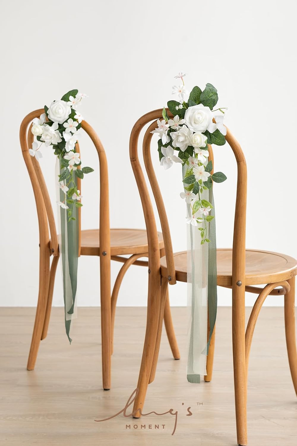 Ling's moment 8pcs Wedding Artificial Aisle Pew Flowers Chair Decorations White & Sage Green Arrangements with Chiffon Ribbons for Ceremony Chair Back Floral Reception Church Party Outdoor