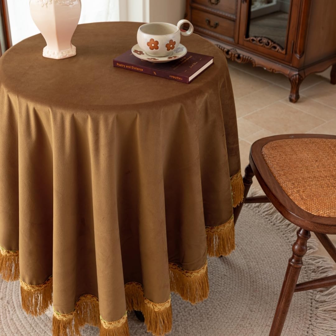 F-CHU Camel Tablecloth Thickset Velvet Tablecloth with Beautiful Gold Tassels Vintage Table Cloth for Home Decor Wedding, Party, Banquet and Events 70" Round