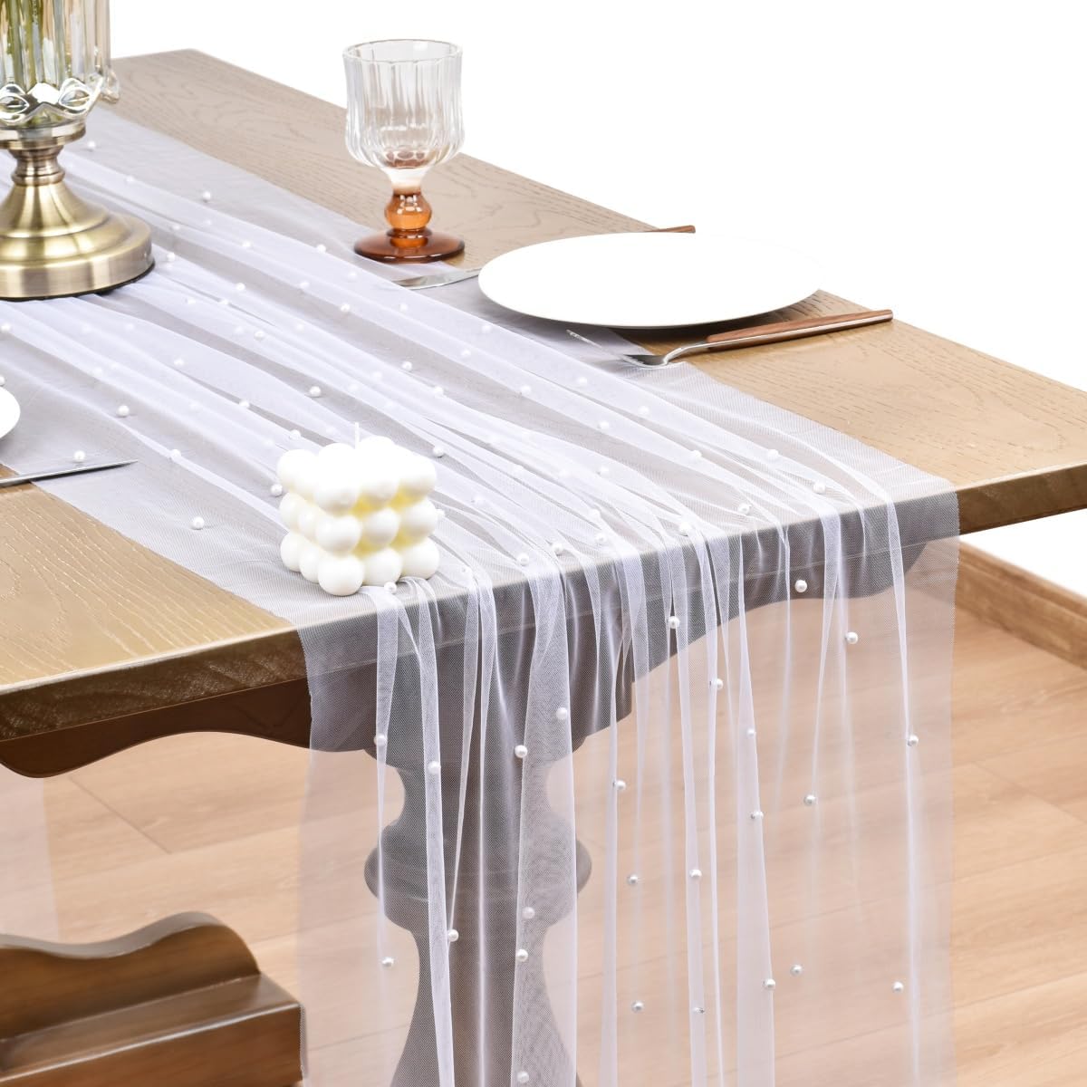 Joanlody Fall Pearl Table Runner 10ft Rustic Boho Tulle Table Runner with Pearls for Baby Shower Wedding Party Veil Dessert Thanksgiving Table Decor White